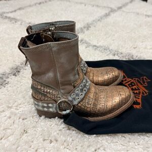 Freebird Bronze Croc- Style Leather Heeled Ankle Boots with Gray Harness